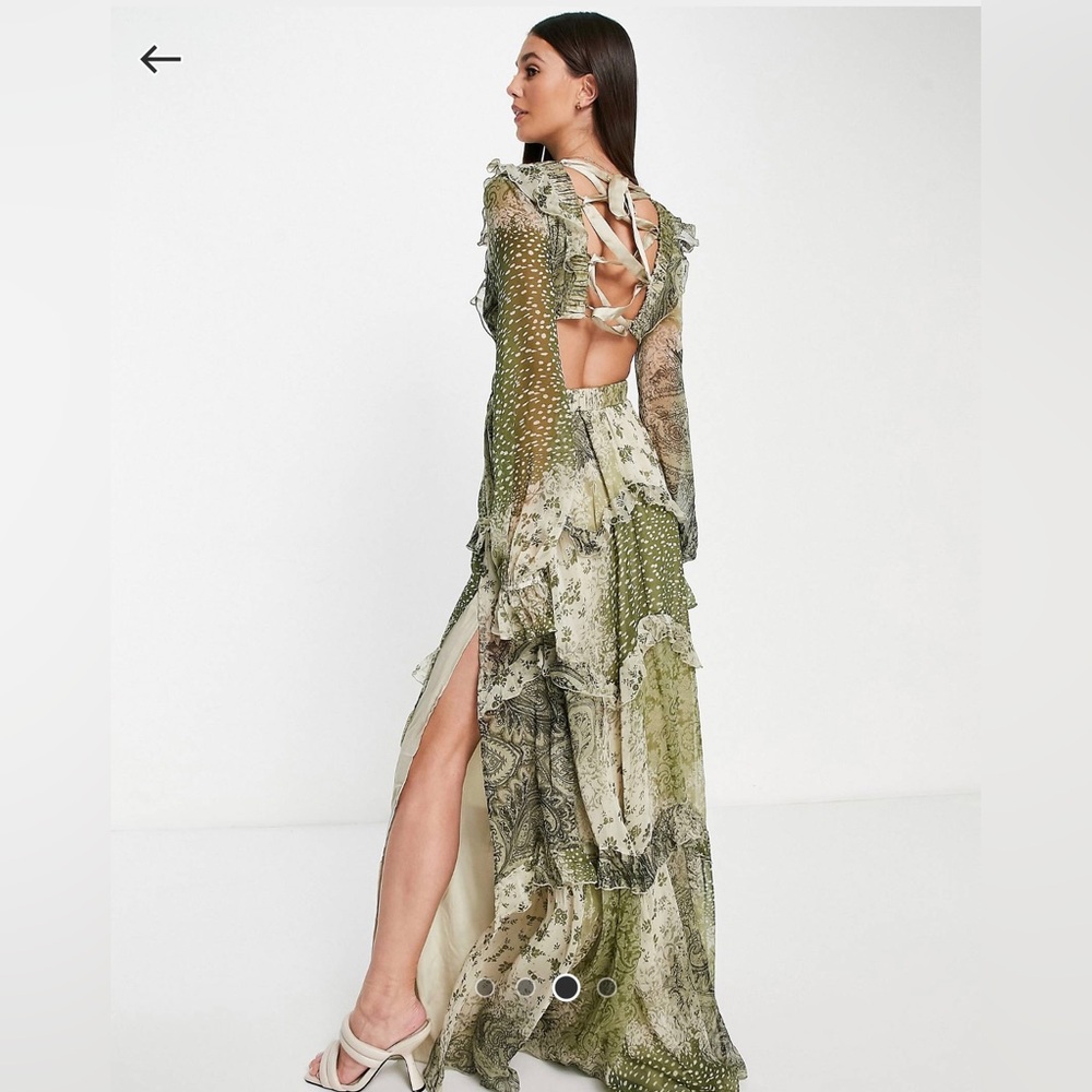 ASOS DESIGN tiered maxi dress,lattice back detail sage patchwork print
